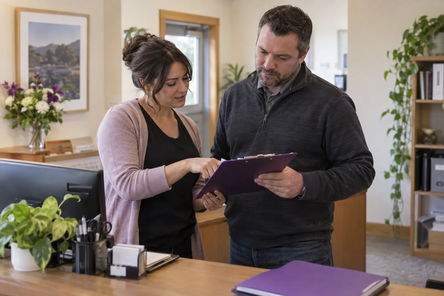 Two office colleagues reviewing an administrative request