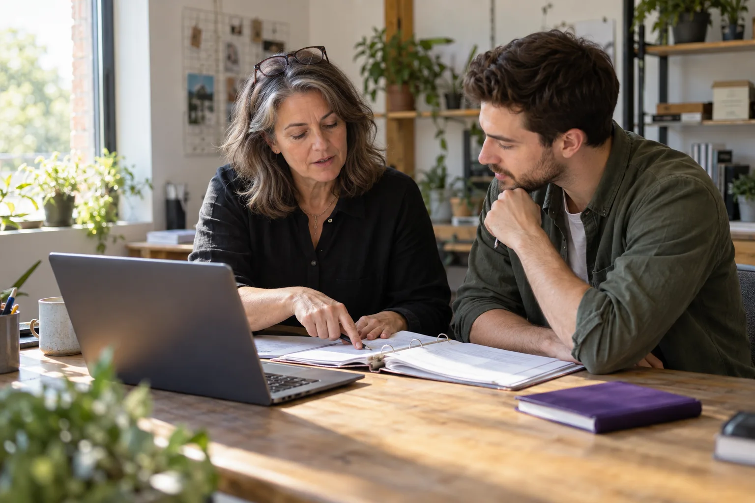 An experienced employee and a colleague discussing a procedure at a worktable