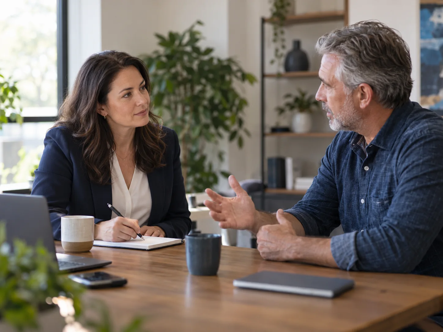A sales professional listening and taking notes during a discovery conversation