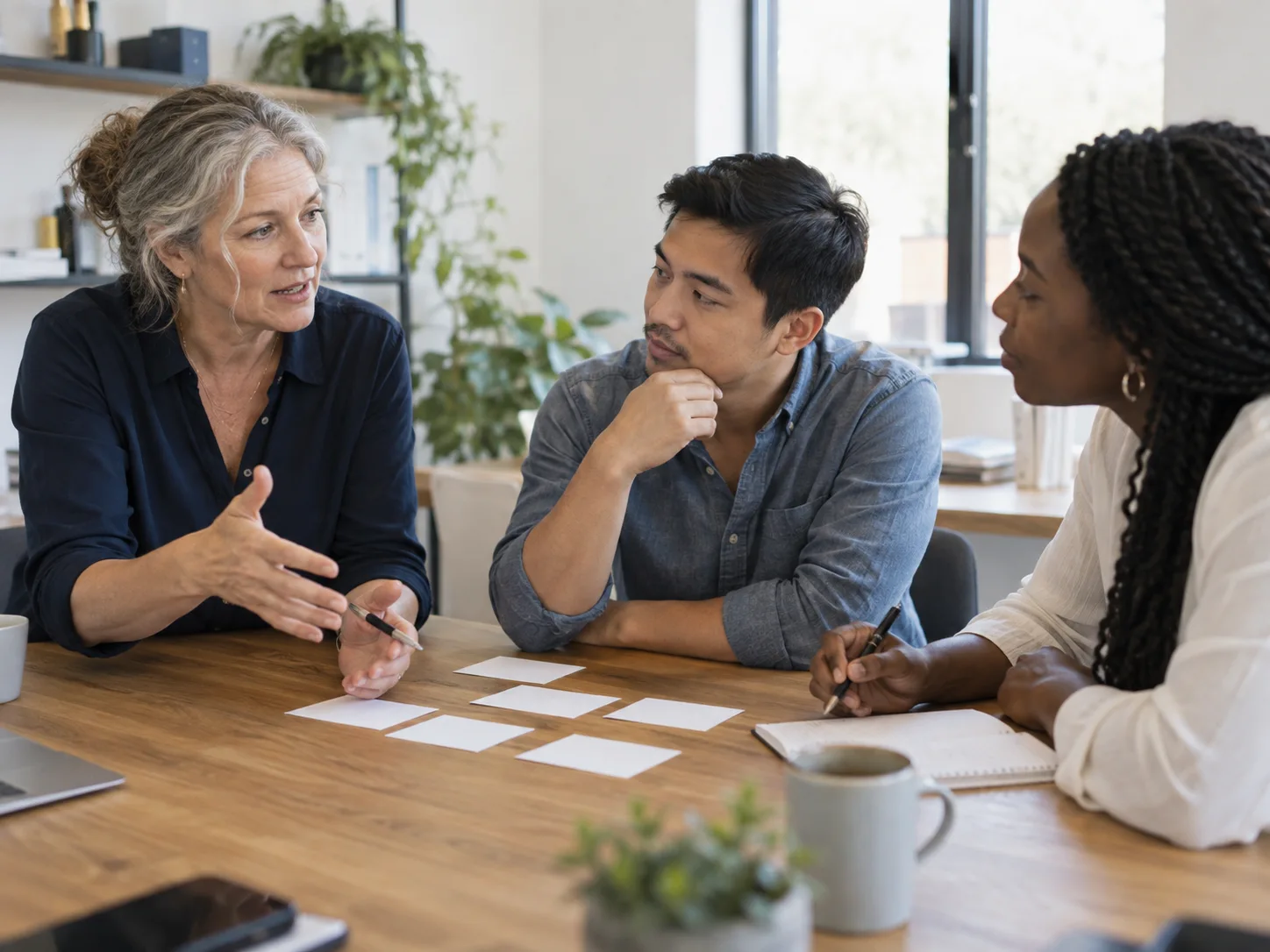 Three colleagues discussing a workflow around a table