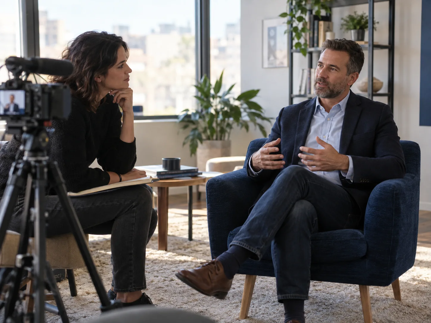 A producer and business expert working together on an interview shoot