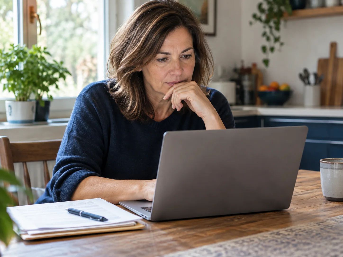 A customer preparing information beside a laptop at a kitchen table