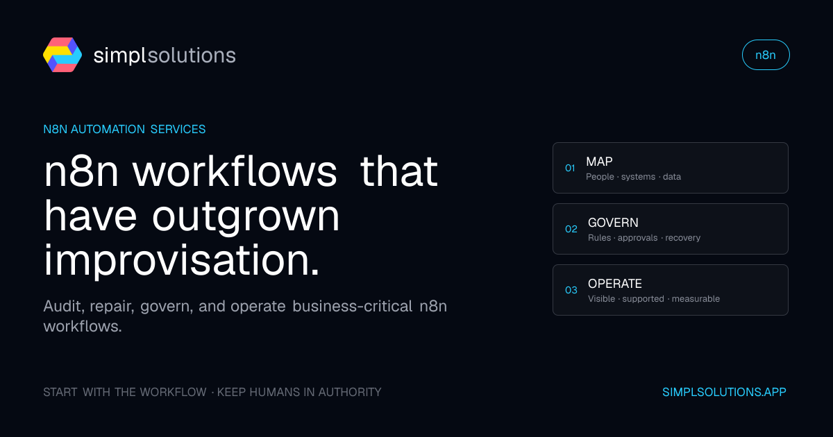 n8n automation services: map the process, govern the workflow, and operate it with visible ownership