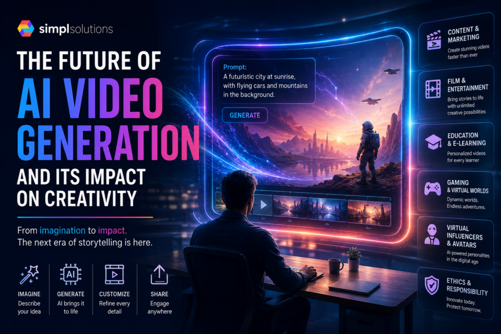 SimplSolutions blog featured image showing a creator using an AI video generation interface to turn a written prompt into a cinematic video scene.