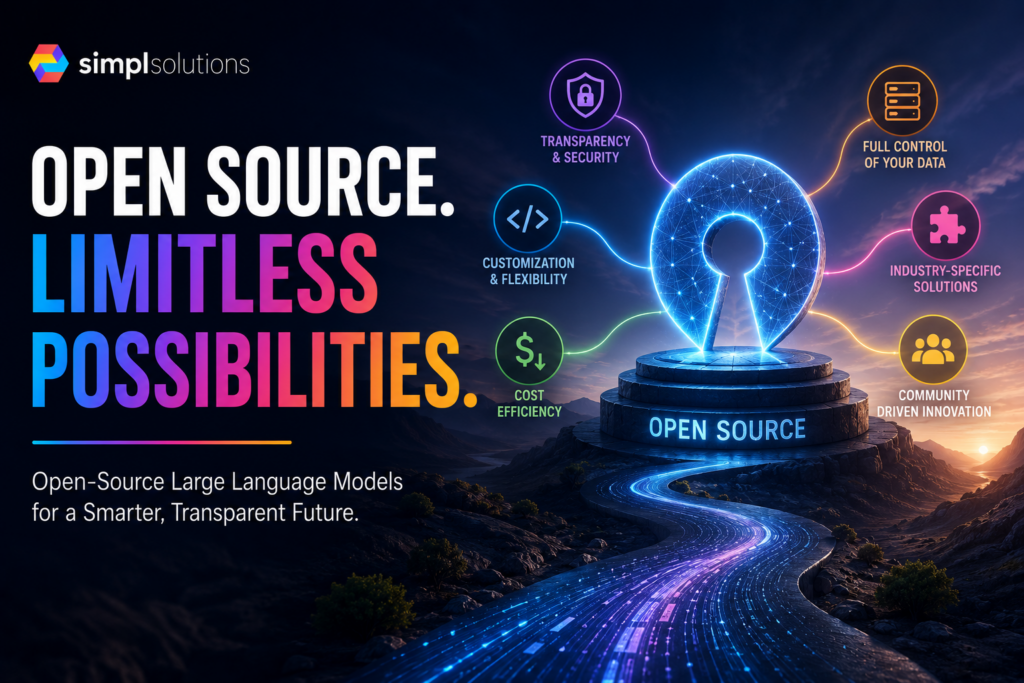 SimplSolutions blog featured image showing an open-source keyhole symbol connected to benefits like transparency, customization, cost efficiency, full data control, and community-driven innovation.