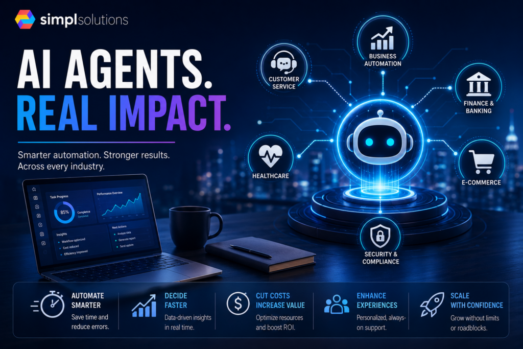 SimplSolutions blog featured image showing an AI agent concept connected to business automation, customer service, finance, healthcare, e-commerce, and security workflows.