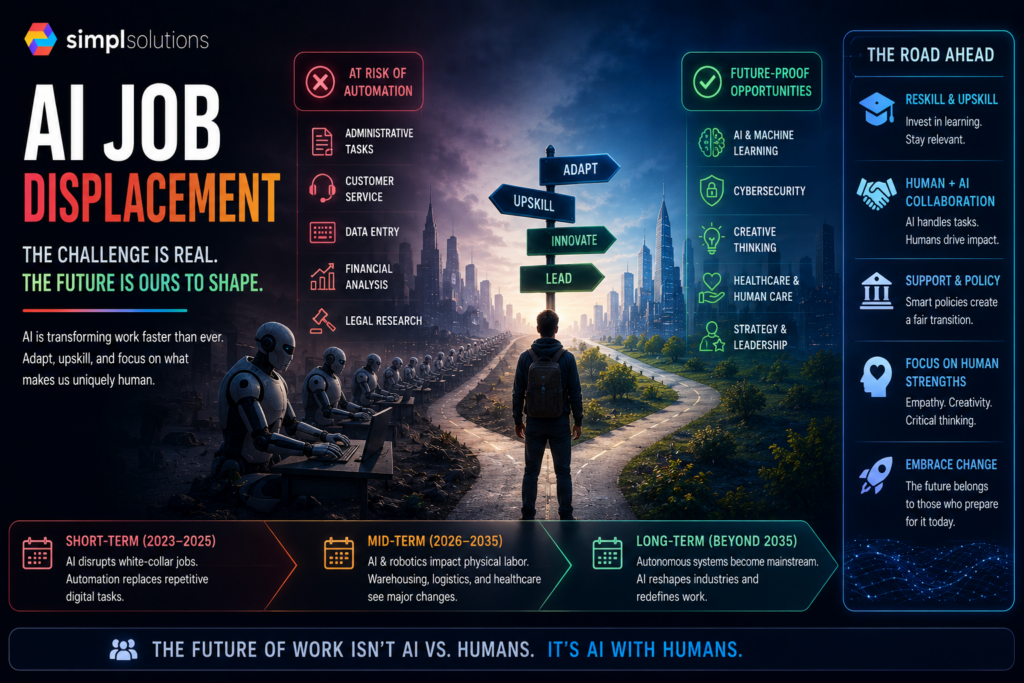 SimplSolutions blog featured image showing a worker standing at a crossroads between automation risk and future-ready opportunities like upskilling, cybersecurity, creative thinking, healthcare, and human-AI collaboration.