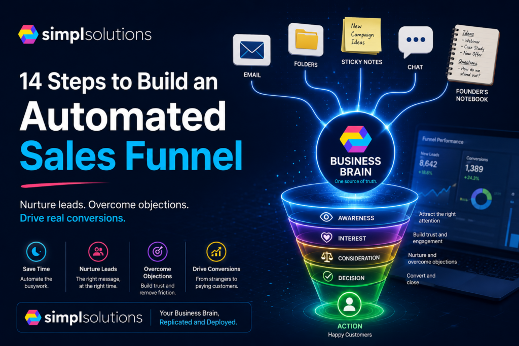 Futuristic SimplSolutions blog graphic showing an automated sales funnel connected to email, folders, sticky notes, chat, and a Business Brain system.