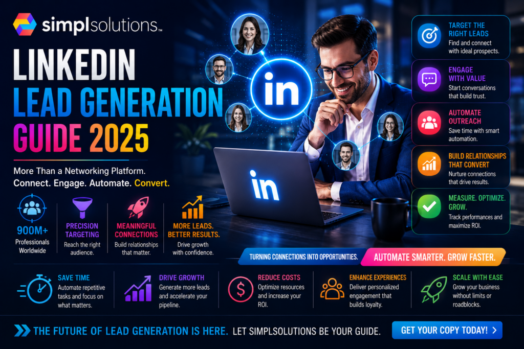 Futuristic SimplSolutions blog graphic showing a LinkedIn lead generation strategy with a professional using a laptop, glowing connection paths, lead targeting icons, and automation callouts.