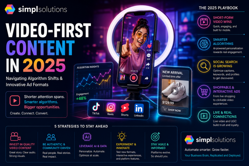 Futuristic SimplSolutions blog graphic showing video-first content in 2025 with a smartphone video feed, algorithm analytics, shoppable ad formats, and short-form video strategy.